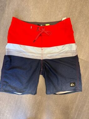 Quiksilver Red, White & Navy Colorblock Boardshorts